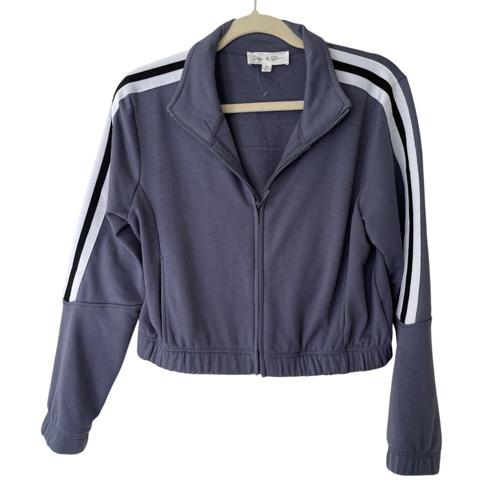 Sage & Stone Full-Zip Blue Gray Crop Track Jacket With Stripes Womens‎ M NWOT